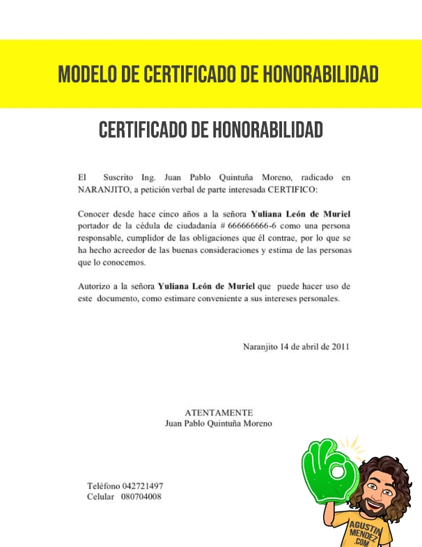 modelo de certificado de honorabilidad