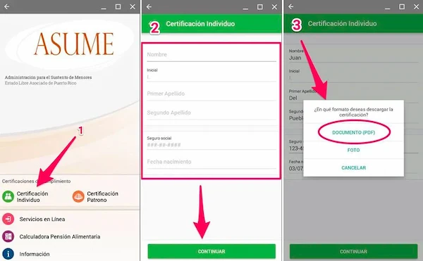como solicitar el certificado asume en la app